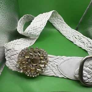 Verstellbarer Gürtel aus weißem Leder mit Schmucksteinen 0,42 Zoll verstellbar Handarbeit neu - Bild 1 von 7