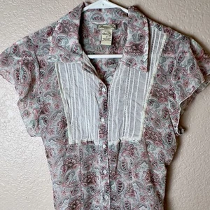 American Rag Womens Soft Paisley Cap Sleeve Blouse Tie Back Lace Size Large Top - Picture 1 of 7