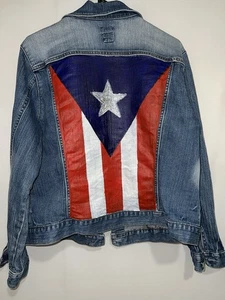 PUERTO RICO Flag Hand Painted Gap Stretch Jean Jacket Size XL Unisex - Picture 1 of 9