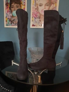 GREY BLACK KNEE HIGH BOOTS 6 Tassle 60's 70's Vintage Style - Picture 1 of 6