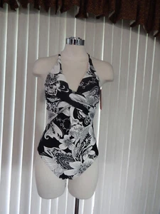 NWT! "LEILANI" Black & White Halter One Piece All Over Smoothing Swimsuit Sz.4 - Picture 1 of 4