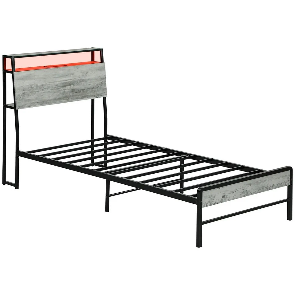 HOMCOM LED Single Bed Frame with Charging Station 90 x 190cm Cement Grey