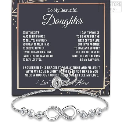To My Beautiful Daughter Infinity 手镯 CZ 珠宝 Sweet Message 来自 Mom Dad — 第 1/4 张图片