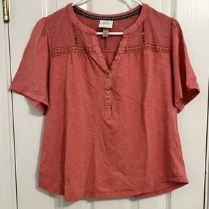 Knox Rose Womens Pink Split Neck Crochet Bohemian Short Sleeve Blouse Medium - Picture 1 of 8