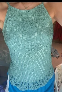 Vintage Crochet Y2K halterneck style, sea green turquoise blue Top 10 - Picture 1 of 2