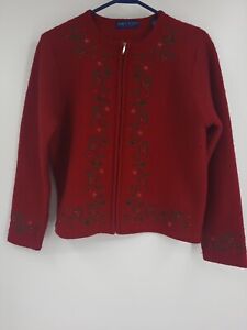 Talbots Wool Cardigan Red Christmas Holiday Sweater Petite PM Full Zip Embellish