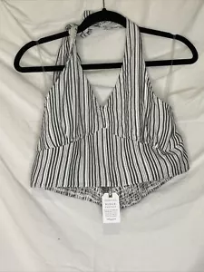 American Eagle Boho Stripe White Gray Stretch Halter Top Size Large NWT - Picture 1 of 9