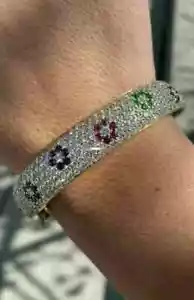 8Ct Round Cut Simulated Sapphire Flower Bangle Bracelet 14K Yellow Gold Plated - Picture 1 of 9