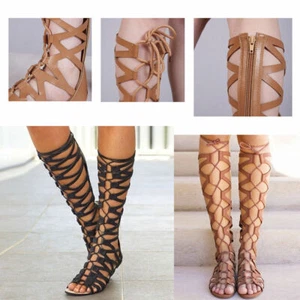 Women Knee High Gladiator Strappy Sandals Beach Flat Shoes Cut Out Lace Up Boots - Picture 1 of 14