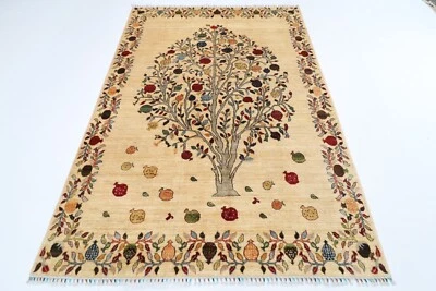 6 x 8 ft Oriental Tree Beige Area Rug Afghan Hand Knotted Veg dye Wool TribalRug - Image 1 of 4