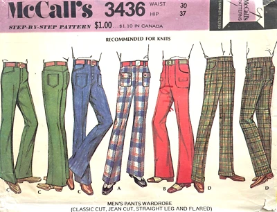 1970's  McCall's Men's Pants, Classic Cut,Jean Cut Pattern 3436 Waist 30 UNCUT - Image 1 of 2