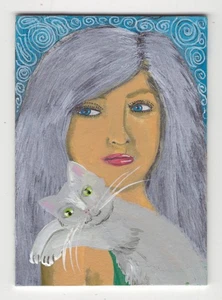 ACEO Original Painting Portrait Woman Cat Folk Art Potocki Portrait Kitten - Picture 1 of 3