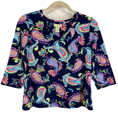 Caribbean Joe Women XL Top Blue with Colorful Paisley Pattern V-Neck 3/4 Sleeve - Image 1 of 4