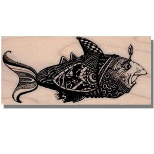 Fish With Man Face, RUBBER STAMP, Media, Collage,Artistic,Art,Sketch, Ocean,Side - Picture 1 of 3