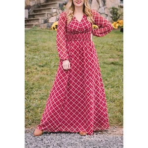 Gal Meets Glam neu rot weinrot kariert lange Puffärmel V-Ausschnitt Robyn Maxikleid 2 - Bild 1 von 13