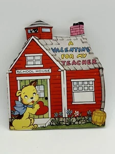 Vintage Die Cut Valentine Greeting Card Teacher Schoolhouse Dog Puppy - Picture 1 of 5