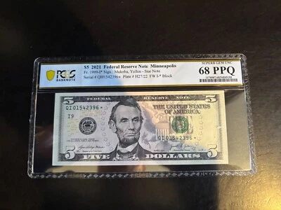 DBR 2021 $5 FRN Minneapolis STAR Fr. 1999-I* PCGS-B 68 PPQ Serial QI01542396* - Image 1 of 2