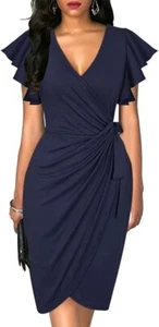 oten Womens Cocktail Party Work Dress | Deep V Neck, Ruffle Sleeve, Sheath...... - Picture 1 of 3