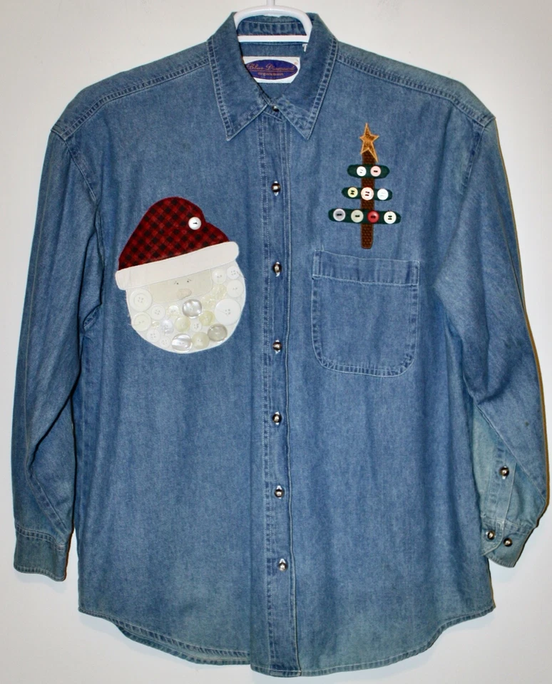Blue Diamond M UGLY CHRISTMAS DENIM SHIRT  Embroidered button X-mas Tree / Santa - Image 1 of 4