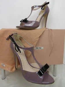 NWD MIU MIU PRADA PURPLE PATENT LEATHER 5XP171 BLACK BOW ZIP SANDALS PUMPS 40.5 - Picture 1 of 12