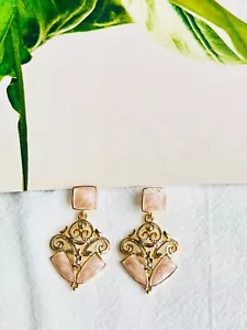 Baroque Light Pink Square Enamel Relief Openwork Long Drop Pierced, Earrings - Picture 1 of 6