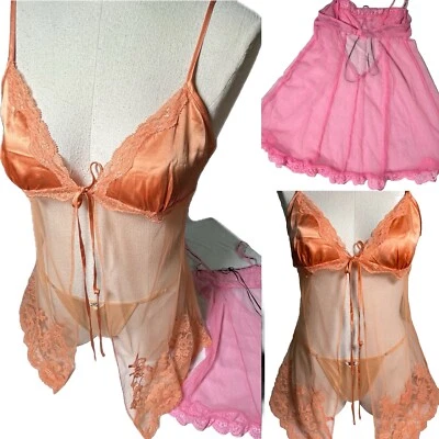 Conjunto 2 Vestidos Babydoll Victorias Secret Malla Seda Naranja + Panty y Volantes Rosa XS Foto 1 de 4