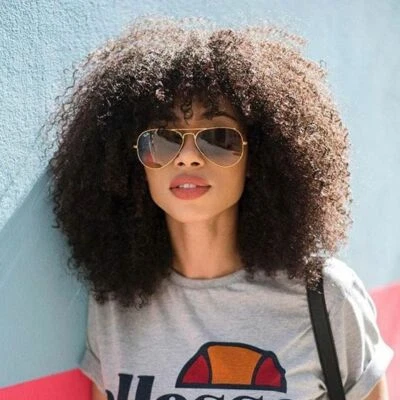 Women Afro Kinky Curly Wigs 250% Density Real Human Hair Wigs with Bangs Black - Image 1 of 4