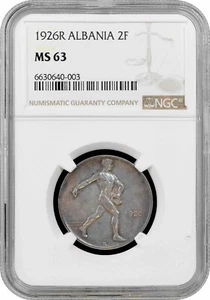 Albania 2 franga ari 1926, NGC MS63, "Kingdom of Albania (1925 - 1938)" silver - Picture 1 of 2