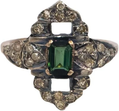 Vintage Antique 10k Gold & Silver Diamond and Tourmaline Ring 1.25CT Size 6.75 - Image 1 of 4