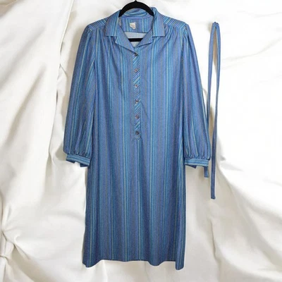 Vintage Striped Dress Size 14 Blue Long Sleeve Button Up Midi Mod Style Retro - Image 1 of 4