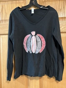 District Very Important Tee Patchwork Pumpkin Long Sleeve Shirt Women’s L Large  - Picture 1 of 5