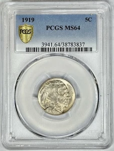 1919 P 5c Buffalo Nickel PCGS MS64 Near GEM BU Key Date Early Coin US Type NR! - Picture 1 of 3