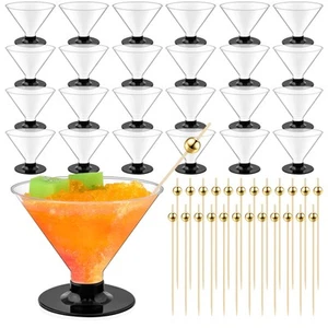 24 Pack Plastic Martini Glasses with Gold Pearl Cocktail Picks Disposable Cle... - Picture 1 of 7
