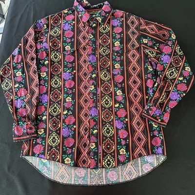 Wrangler Western Shirt 17 1/2 35 Long Tails Cowboy Vtg Brushpopper Aztec Floral - Image 1 of 4