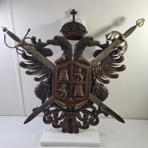 Medieval Style Spanish Hand Carved Walnut Wood Crossed Swords 3' Coat of Arms - Picture 1 of 18