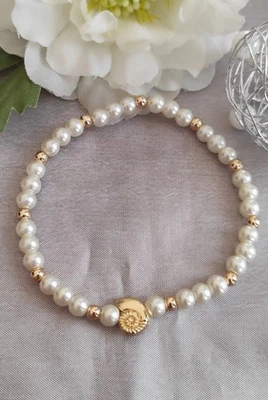 ARMBAND Weiss Gold  Vergoldete Perlen Verg. Muschel EDEL  Braut Geschenk - Bild 1 von 4