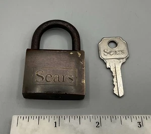 Vintage Sears Solid Brass Padlock & Steel Shackle with 1 Original Key Patina - Picture 1 of 5
