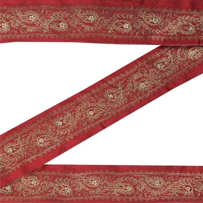 Borde Sari Sanskriti Vintage Cuentas a Mano 1Yd Adornos Encaje 2.5W Decoración Zari Granate Foto 1 de 4