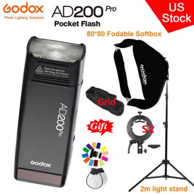 US GODOX AD200pro 2.4G TTL HSS Speedlite Flash+80x80cm Grid Softbox Foldable Kit - Image 1 of 4
