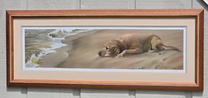 LORENA PUGH GOLDEN RETRIEVER ON BEACH "Waiting on the Wave" DOG PRINT - Picture 1 of 15