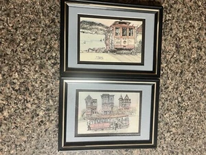 Two Vintage E. David & M. Orantes SAN FRANCISCO CABLE CAR Framed Prints - Picture 1 of 3
