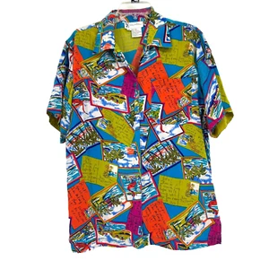 Vintage Diane Gilman Silk Button Up Shirt Postcard Tropical Beach Novelty Size M - Picture 1 of 8