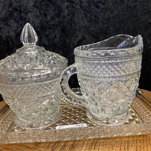 Vintage Wexford Covered Sugar Creamer & Tray Diamond Cut Glass Anchor Hocking - Picture 1 of 4