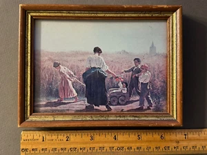 FAMILY PLAYING IN THE FIELDS PULLING WAGON FRAMED VINTAGE ART PRINT - Picture 1 of 5