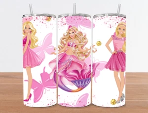 20 Unzen Barbie Edelstahl rosa & weiß Trinkbecher - Meerjungfrau & Glitzer - Bild 1 von 3