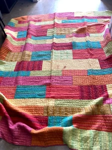 Indian Handmade Multicolor Patchwork Colorblock Quilt Kantha Throw Blanket - Picture 1 of 8