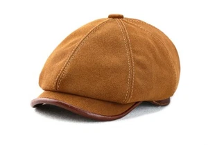 Winter Men Sheepskin Octagonal Hat Warm Newsboy Hats Casual Soft Peaked Cap - Picture 1 of 14