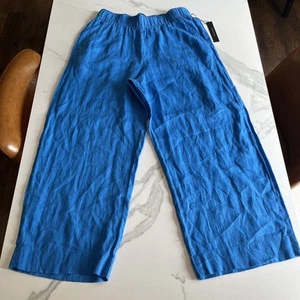 Tahari Essentials 100% Linen Womens Sz Lg Elastic Waist Wide Leg Pants Blue NWT - Picture 1 of 10