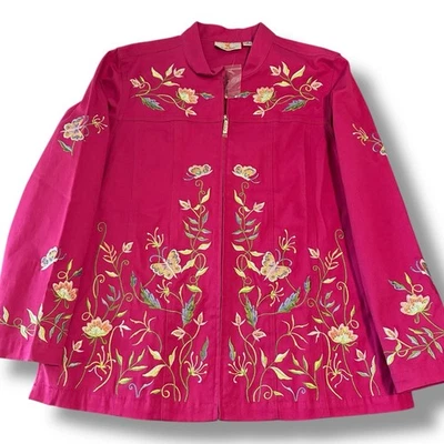 Quacker Factory Jacket NWT Medium Full Zip Butterfly Gardens Fuchsia Embroidered - Image 1 of 4