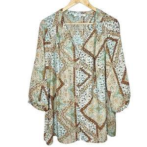 Rose and Olive Floral Patchwork Print Top Womens Size 1X Chiffon Colorful Boho - Picture 1 of 8